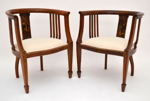 Pair of Antique Mahogany & Chinoiserie Tub Armchairs