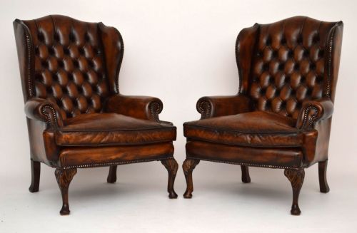 Pair of Antique Georgian Style Leather Wing Back Armchairs