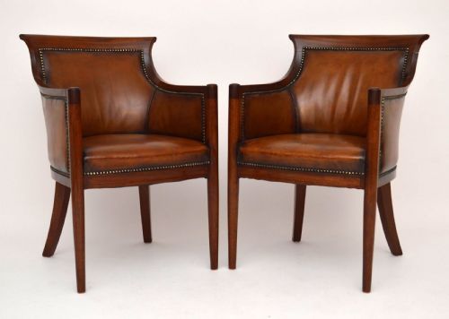 Pair of Antique Leather & Mahogany Tub Armchairs
