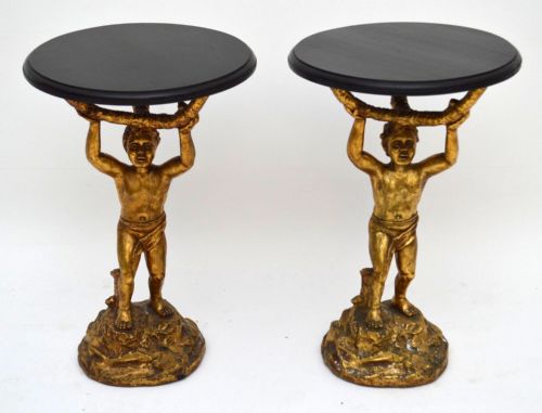 Pair of Antique Gilt Cherub Side Tables - Ebonized Tops