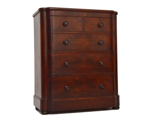 Large Antique Flame Mahogany Bow Fronted Chest of Drawers