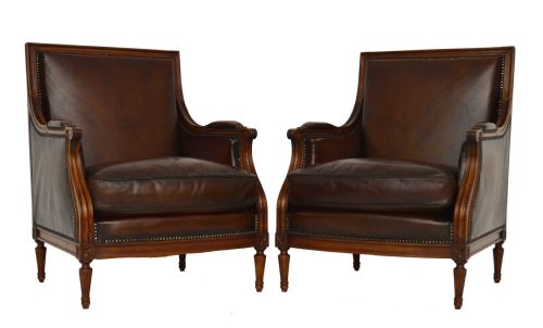 Pair of Antique French Mahogany Leather Upholstered Armchairs