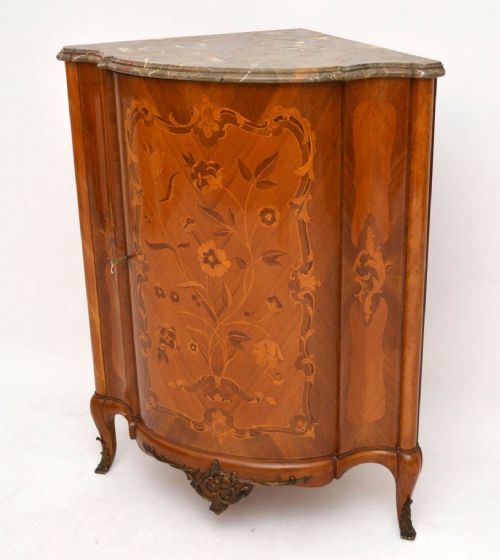 Antique Inlaid Marquetry Marble Top Corner Cabinet