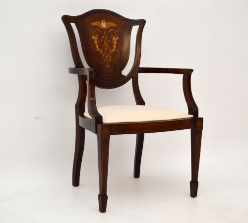 Antique Mahogany Satinwood Inlaid Open Armchair
