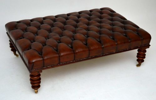 Antique Deep Buttoned Leather & Mahogany Stool / Coffee Table - Adapted Victorian
