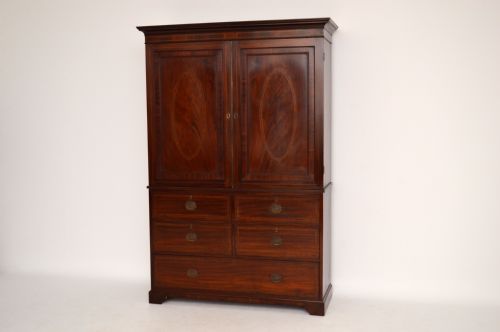 Antique Edwardian Mahogany Inlaid Satinwood Linen Press