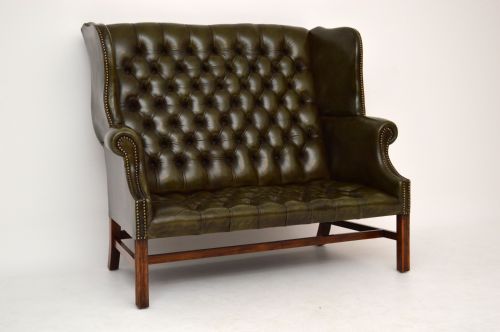 Antique Deep Buttoned Leather Wing Back Settee - Sofa
