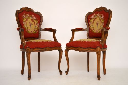 Pair Antique French Salon Chairs with Needlepoint Upholstery