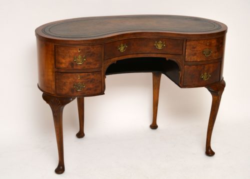 Antique Burr Walnut Leather Top Kidney Shaped Desk