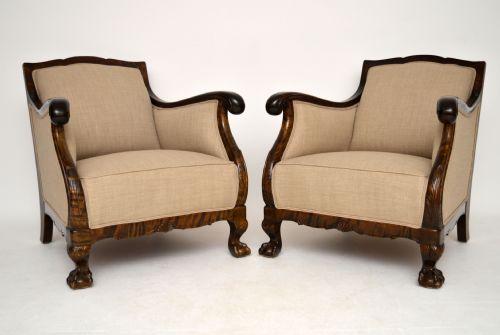 Pair Antique Swedish Satinbirch Upholstered Armchairs