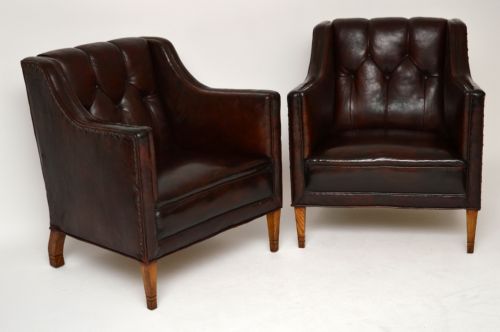 Pair of Antique Swedish Leather Club Armchairs