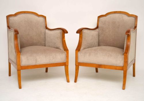 Pair of Antique Swedish Satin Birch Upholstered Armchairs