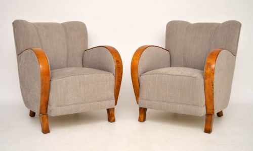 Pair of Swedish Art Deco Satin Birch Upholstered Armchairs