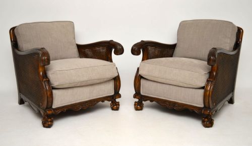 Pair of Antique Swedish Satin Birch Bergere Armchairs