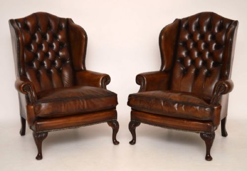 Pair of Antique Georgian Style Leather Wing Armchairs