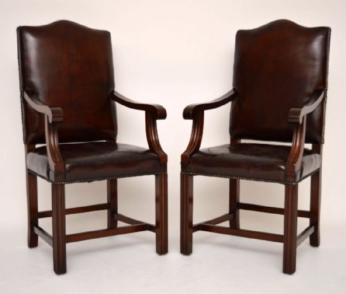 Pair of Antique Leather & Mahogany Gainsborough Armchairs
