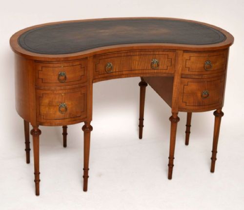 Antique Elegant Edwardian Inlaid Mahogany Kidney Shaped Desk
