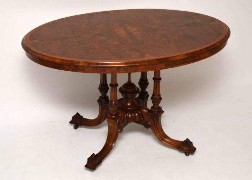 Antique Victorian Burr Walnut Oval Dining Table