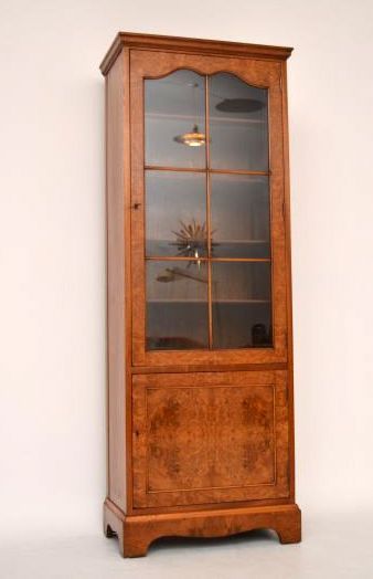 Antique Burr Walnut Slim Glazed Bookcase Cabinet