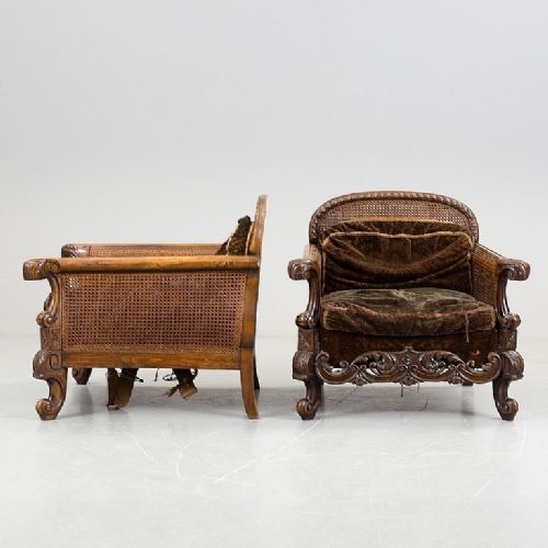 Antique Carved Walnut Bergere 3 Piece Suite