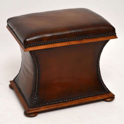 Antique Victorian Leather & Mahogany Trunk / Stool
