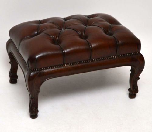 Antique Deep Buttoned Leather & Mahogany Foot Stool