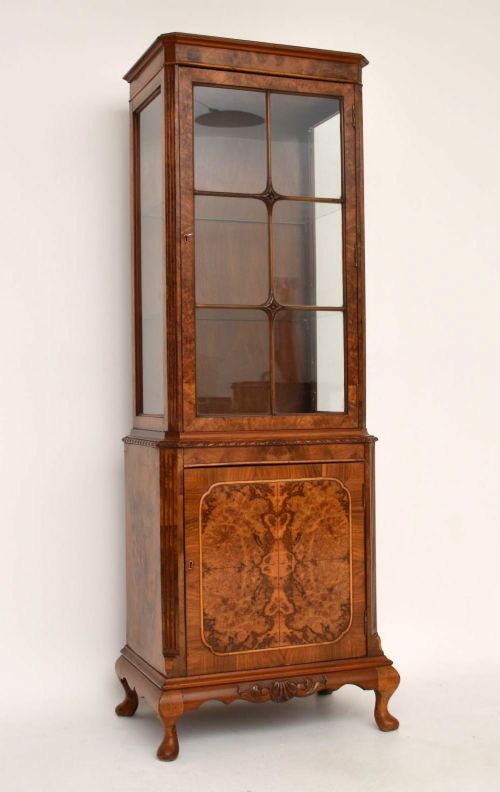 Slim Antique Burr Walnut Display Cabinet