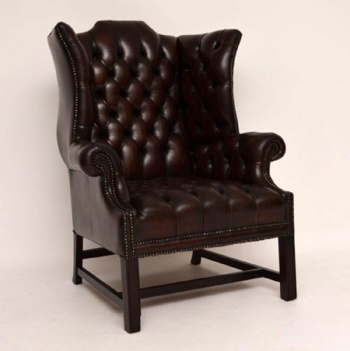 Antique Deep Buttoned Leather Wing Back Armchair
