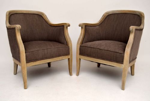 Pair of Antique Swedish Bleached Oak Upholstered Armchairs