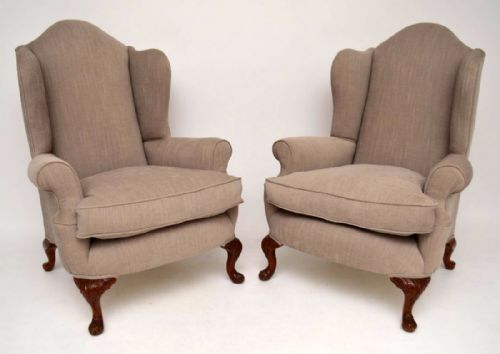 Pair of Antique Upholstered Wing Armchairs