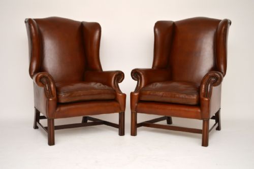 Antique Chippendale Style Leather Wing Armchairs