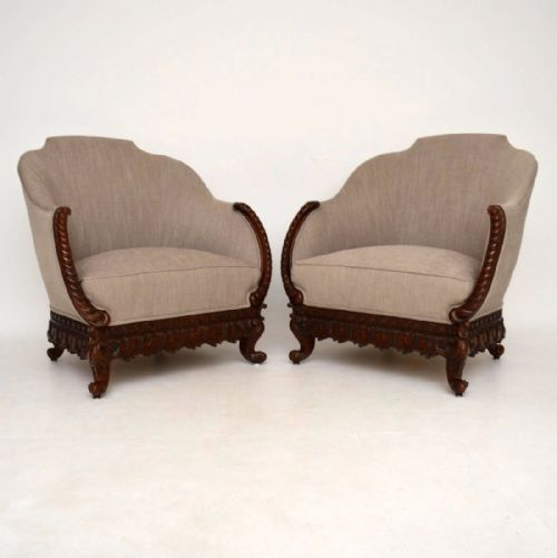 Pair of Antique Swedish Carved Mahogany Armchairs