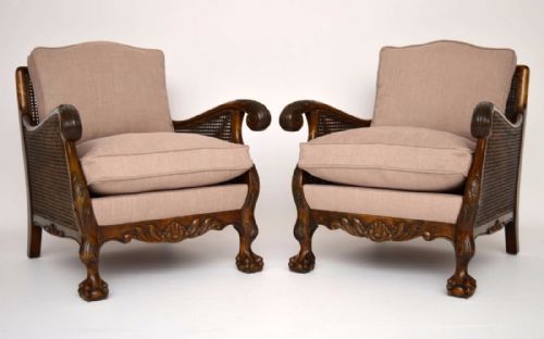 Pair of Finely Carved Antique Swedish Satin Birch Bergere Armchairs