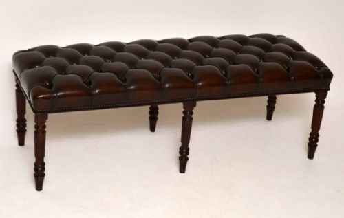 Antique Deep Buttoned Leather Stool on Mahogany Legs