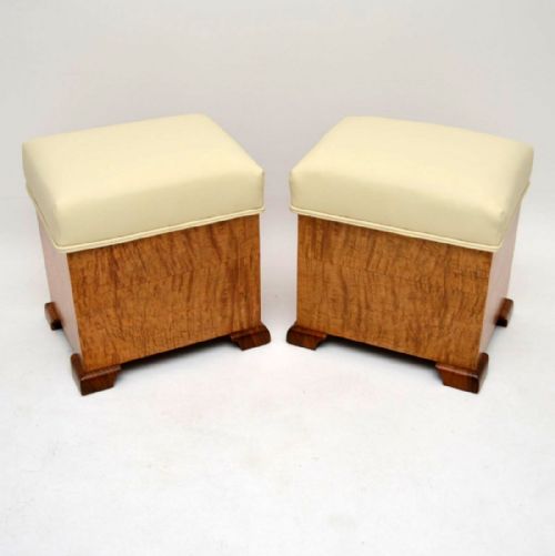 Pair of Antique Swedish Satin Birch & Leather Stools