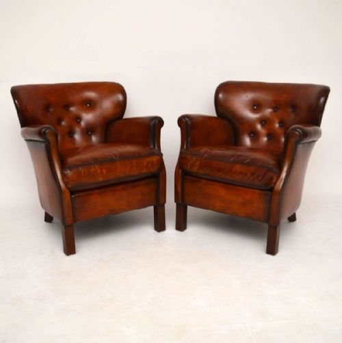 Pair of Antique Swedish Leather Armchairs