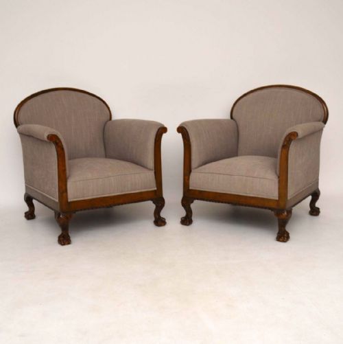 Large Pair of Antique Swedish Satin Birch Armchairs