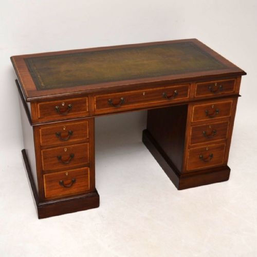 Antique Satinwood Inlaid Mahogany Leather Top Desk
