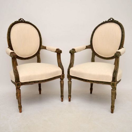 Pair of Antique French Distressed Painted Salon Armchairs