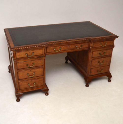 Large Antique Mahogany Leather Top Pedestal Desk