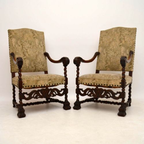 Pair of Antique Carolean Carved Walnut Upholstered Armchairs