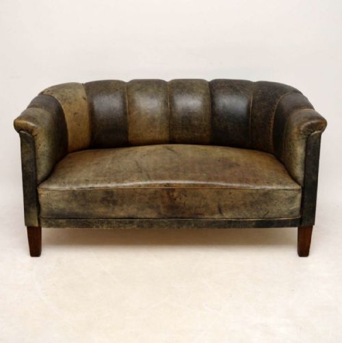 Antique Swedish Leather Fluted Back Sofa