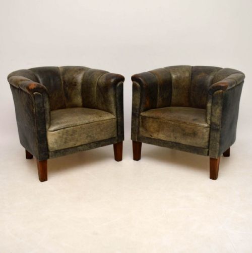 Pair of Antique Swedish Leather Tub Armchairs