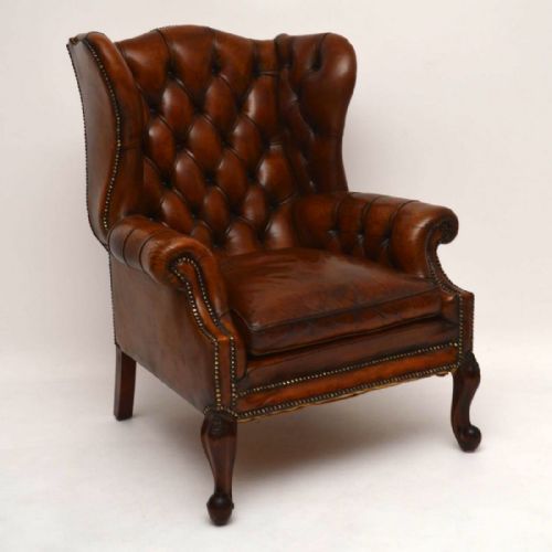 Large Antique Leather Wing Back Armchair