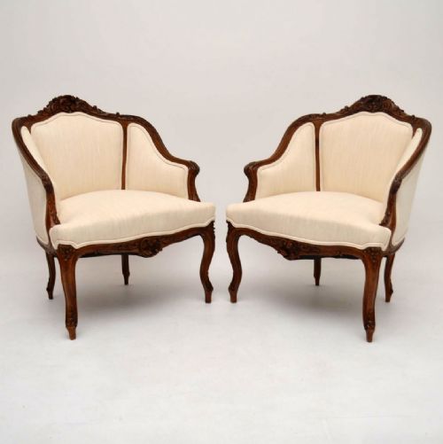 Pair of Antique French Carved Walnut Armchairs