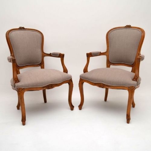 Pair of Antique French Carved Walnut Salon Armchairs