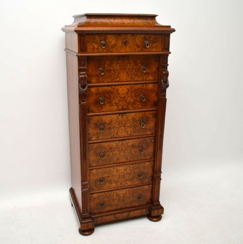 Antique Swedish Burr Walnut Wellington Chest of Drawers
