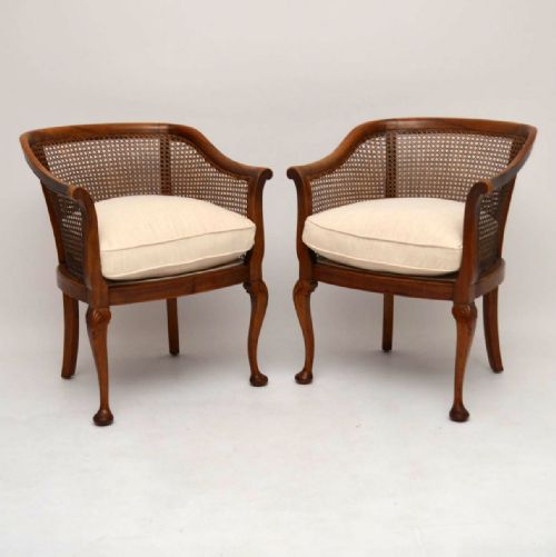 Pair of Antique Mahogany Caned Bergere Armchairs