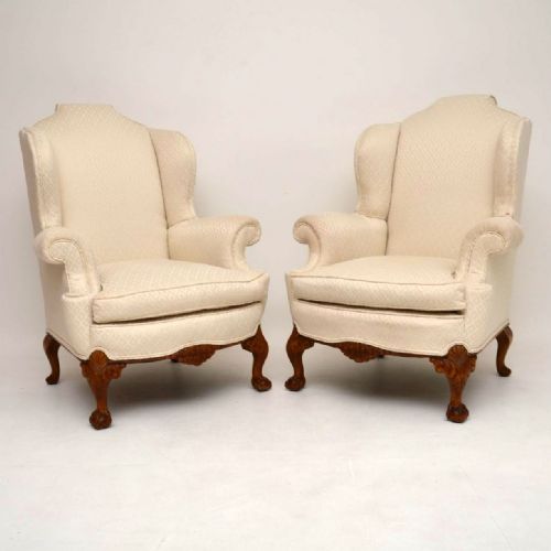 Pair of Antique Queen Anne Style Wing Back Armchairs