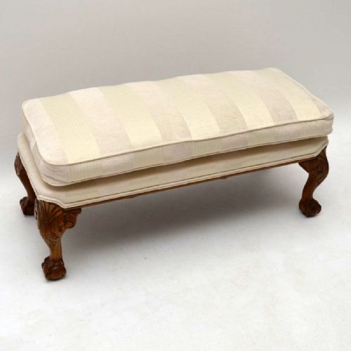 Antique Carved Walnut Upholstered Foot Stool